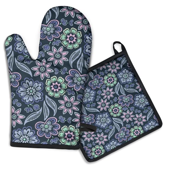 Pioneer Flower Kitchen Oven Mitt and Pot Holder Sets 2 Pcs for Baking, Cooking and Grilling, Heat Resistant Up To 392 °F