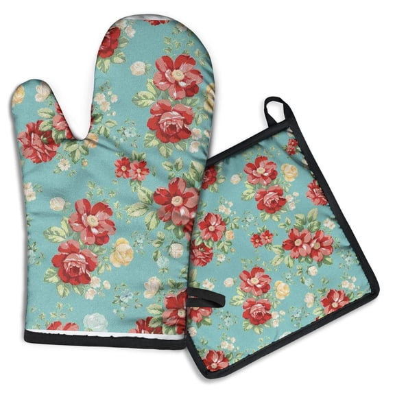 Pioneer Flower Kitchen Oven Mitt and Pot Holder Sets 2 Pcs for Baking, Cooking and Grilling, Heat Resistant Up To 392 °F