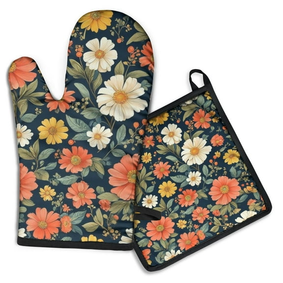 Pioneer Flower Kitchen Oven Mitt and Pot Holder Sets 2 Pcs for Baking, Cooking and Grilling, Heat Resistant Up To 392 °F