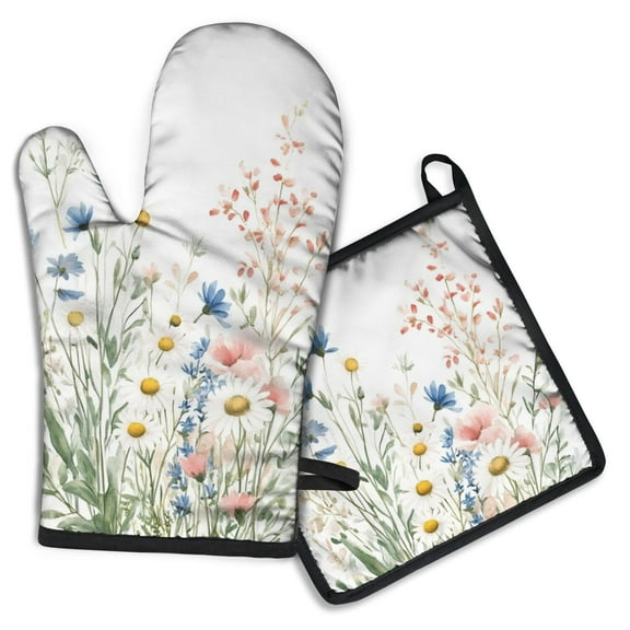 Pioneer Flower Kitchen Oven Mitt and Pot Holder Sets 2 Pcs for Baking, Cooking and Grilling, Heat Resistant Up To 392 °F