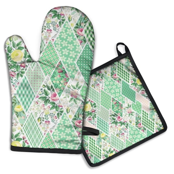 Pioneer Flower Kitchen Oven Mitt and Pot Holder Sets 2 Pcs for Baking, Cooking and Grilling, Heat Resistant Up To 392 °F