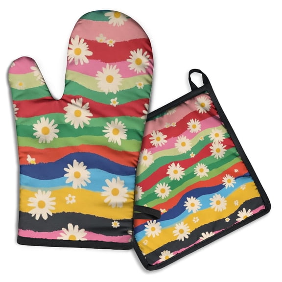 Pioneer Flower Kitchen Oven Mitt and Pot Holder Sets 2 Pcs for Baking, Cooking and Grilling, Heat Resistant Up To 392 °F