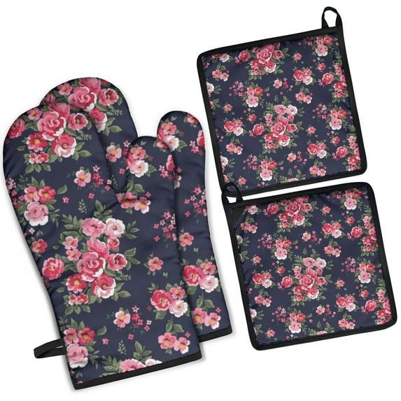 Pioneer Flower Kitchen Oven Mitt and Pot Holder Sets 4 Pcs for Baking, Cooking and Grilling, Heat Resistant Up To 392 °F