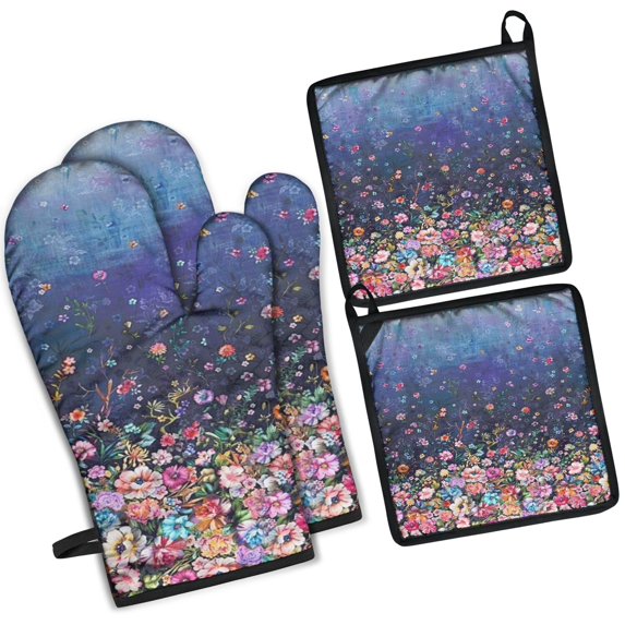 Pioneer Flower Kitchen Oven Mitt and Pot Holder Sets 4 Pcs for Baking, Cooking and Grilling, Heat Resistant Up To 392 °F