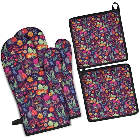 Pioneer Flower Kitchen Oven Mitt and Pot Holder Sets 4 Pcs for Baking, Cooking and Grilling, Heat Resistant Up To 392 °F