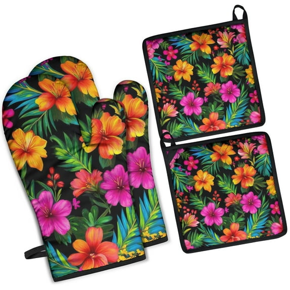 Pioneer Flower Kitchen Oven Mitt and Pot Holder Sets 4 Pcs for Baking, Cooking and Grilling, Heat Resistant Up To 392 °F