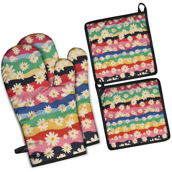 Pioneer Flower Kitchen Oven Mitt and Pot Holder Sets 4 Pcs for Baking, Cooking and Grilling, Heat Resistant Up To 392 °F
