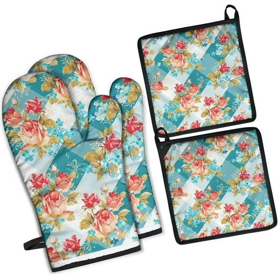 Pioneer Flower Kitchen Oven Mitt and Pot Holder Sets 4 Pcs for Baking, Cooking and Grilling, Heat Resistant Up To 392 °F