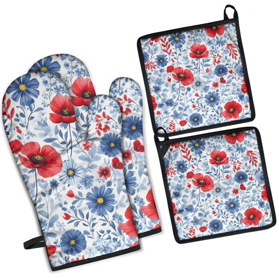 Pioneer Flower Kitchen Oven Mitt and Pot Holder Sets 4 Pcs for Baking, Cooking and Grilling, Heat Resistant Up To 392 °F