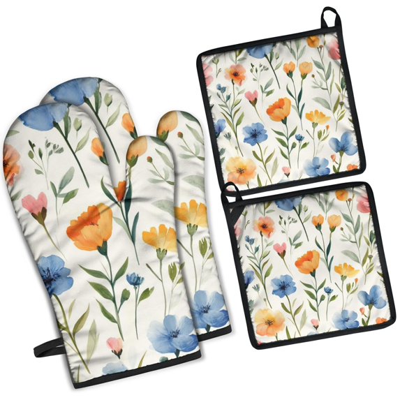 Pioneer Flower Kitchen Oven Mitt and Pot Holder Sets 4 Pcs for Baking, Cooking and Grilling, Heat Resistant Up To 392 °F