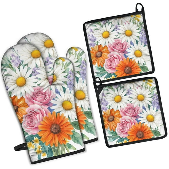 Pioneer Flower Kitchen Oven Mitt and Pot Holder Sets 4 Pcs for Baking, Cooking and Grilling, Heat Resistant Up To 392 °F