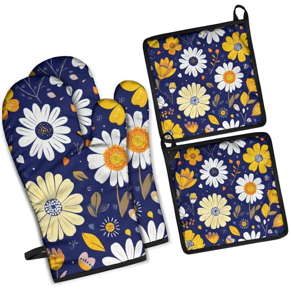 Pioneer Flower Kitchen Oven Mitt and Pot Holder Sets 4 Pcs for Baking, Cooking and Grilling, Heat Resistant Up To 392 °F