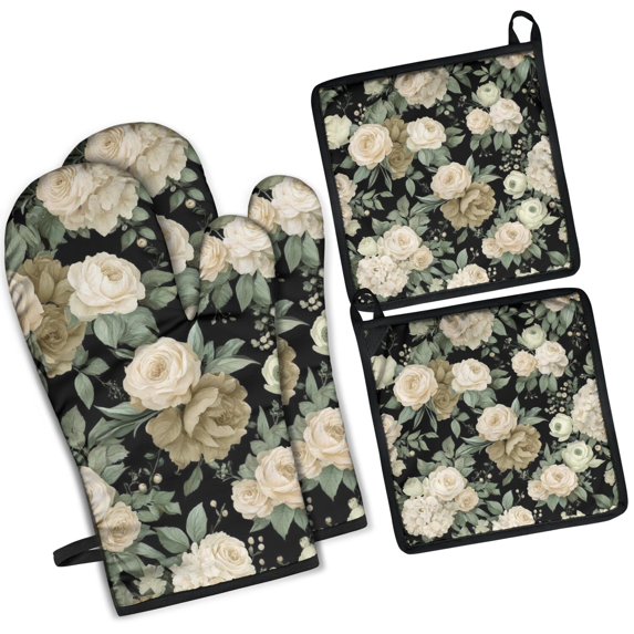 Pioneer Flower Kitchen Oven Mitt and Pot Holder Sets 4 Pcs for Baking, Cooking and Grilling, Heat Resistant Up To 392 °F