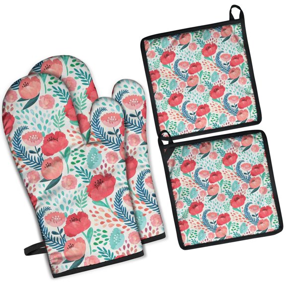 Pioneer Flower Kitchen Oven Mitt and Pot Holder Sets 4 Pcs for Baking, Cooking and Grilling, Heat Resistant Up To 392 °F