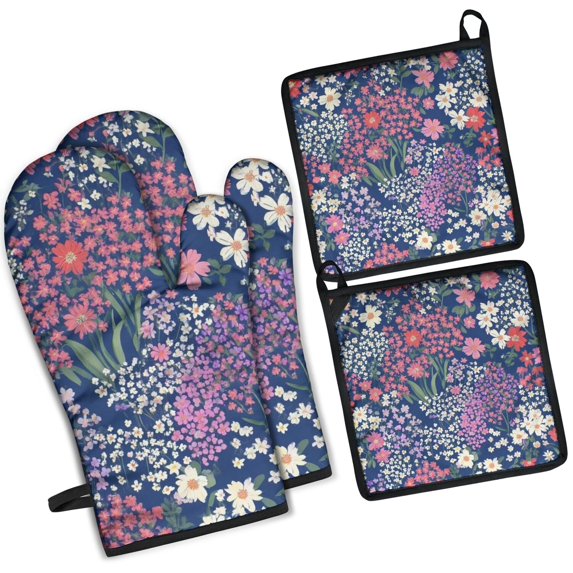 Pioneer Flower Kitchen Oven Mitt and Pot Holder Sets 4 Pcs for Baking, Cooking and Grilling, Heat Resistant Up To 392 °F