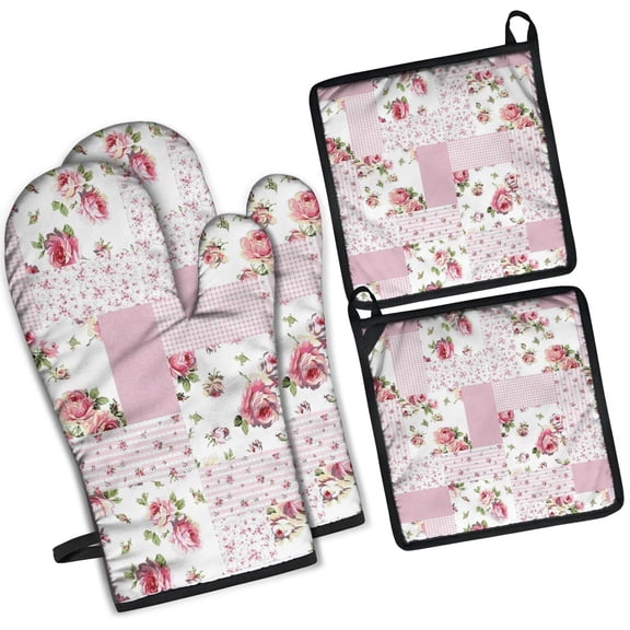Pioneer Flower Kitchen Oven Mitt and Pot Holder Sets 4 Pcs for Baking, Cooking and Grilling, Heat Resistant Up To 392 °F