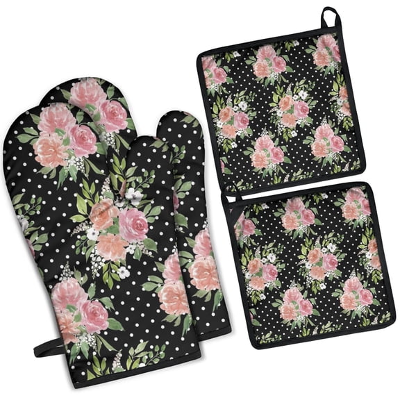Pioneer Flower Kitchen Oven Mitt and Pot Holder Sets 4 Pcs for Baking, Cooking and Grilling, Heat Resistant Up To 392 °F