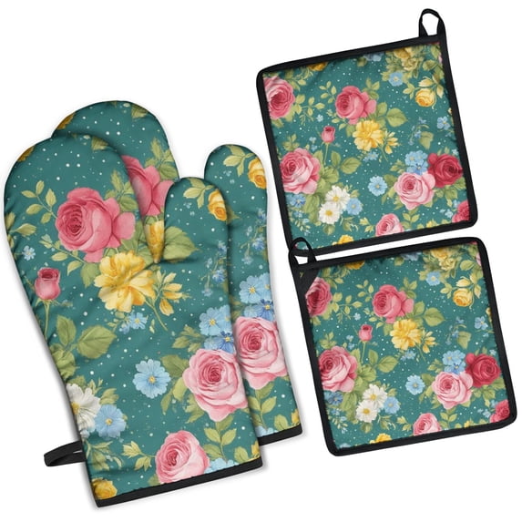 Pioneer Flower Kitchen Oven Mitt and Pot Holder Sets 4 Pcs for Baking, Cooking and Grilling, Heat Resistant Up To 392 °F