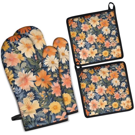 Pioneer Flower Kitchen Oven Mitt and Pot Holder Sets 4 Pcs for Baking, Cooking and Grilling, Heat Resistant Up To 392 °F