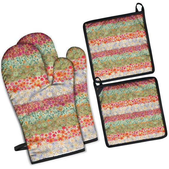 Pioneer Flower Kitchen Oven Mitt and Pot Holder Sets 4 Pcs for Baking, Cooking and Grilling, Heat Resistant Up To 392 °F