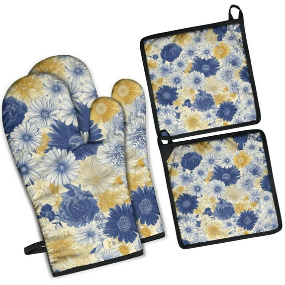 Pioneer Flower Kitchen Oven Mitt and Pot Holder Sets 4 Pcs for Baking, Cooking and Grilling, Heat Resistant Up To 392 °F