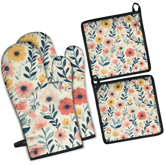 Pioneer Flower Kitchen Oven Mitt and Pot Holder Sets 4 Pcs for Baking, Cooking and Grilling, Heat Resistant Up To 392 °F
