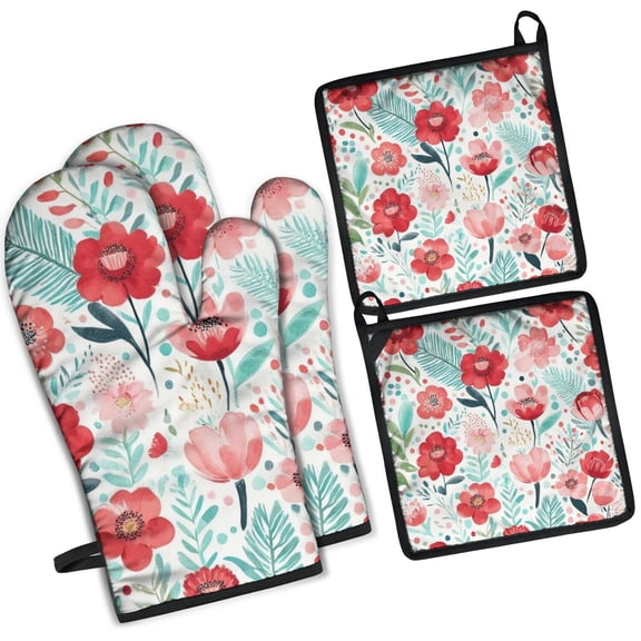 Pioneer Flower Kitchen Oven Mitt and Pot Holder Sets 4 Pcs for Baking, Cooking and Grilling, Heat Resistant Up To 392 °F