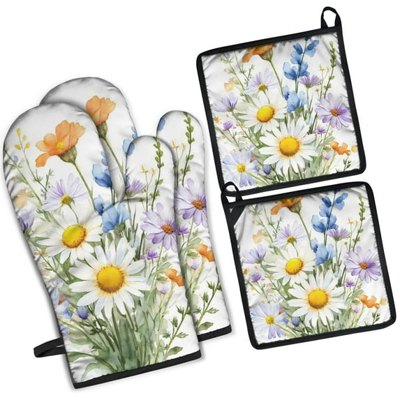 Pioneer Flower Kitchen Oven Mitt and Pot Holder Sets 4 Pcs for Baking, Cooking and Grilling, Heat Resistant Up To 392 °F