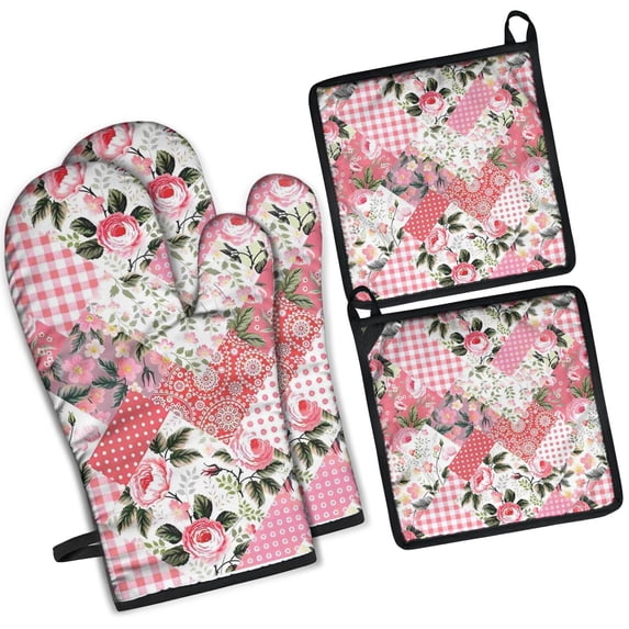 Pioneer Flower Kitchen Oven Mitt and Pot Holder Sets 4 Pcs for Baking, Cooking and Grilling, Heat Resistant Up To 392 °F