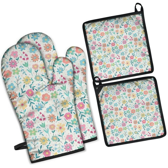 Pioneer Flower Kitchen Oven Mitt and Pot Holder Sets 4 Pcs for Baking, Cooking and Grilling, Heat Resistant Up To 392 °F