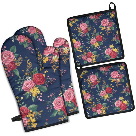 Pioneer Flower Kitchen Oven Mitt and Pot Holder Sets 4 Pcs for Baking, Cooking and Grilling, Heat Resistant Up To 392 °F