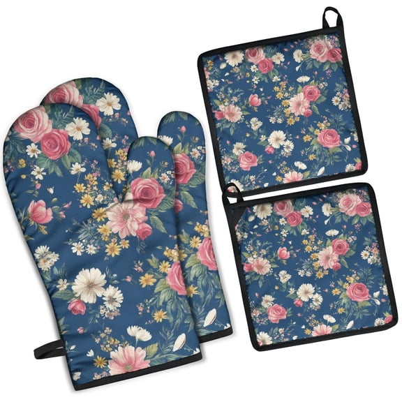 Pioneer Flower Kitchen Oven Mitt and Pot Holder Sets 4 Pcs for Baking, Cooking and Grilling, Heat Resistant Up To 392 °F