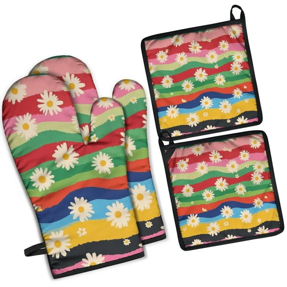 Pioneer Flower Kitchen Oven Mitt and Pot Holder Sets 4 Pcs for Baking, Cooking and Grilling, Heat Resistant Up To 392 °F