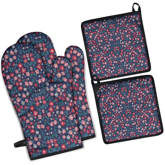 Pioneer Flower Kitchen Oven Mitt and Pot Holder Sets 4 Pcs for Baking, Cooking and Grilling, Heat Resistant Up To 392 °F