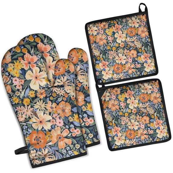 Pioneer Flower Kitchen Oven Mitt and Pot Holder Sets 4 Pcs for Baking, Cooking and Grilling, Heat Resistant Up To 392 °F