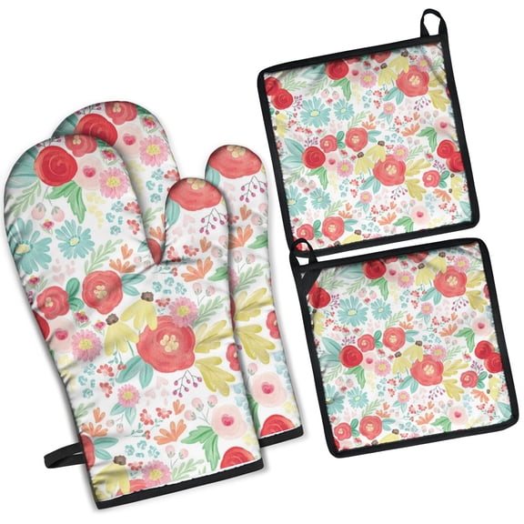Pioneer Flower Kitchen Oven Mitt and Pot Holder Sets 4 Pcs for Baking, Cooking and Grilling, Heat Resistant Up To 392 °F