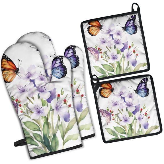 Pioneer Flower Kitchen Oven Mitt and Pot Holder Sets 4 Pcs for Baking, Cooking and Grilling, Heat Resistant Up To 392 °F