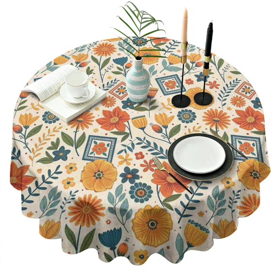 Pioneer Flower Round Tablecloth 60" X 60",Wrinkle Wipeable Table Cloth for Kitchen Dining Room Picnic Patio Party