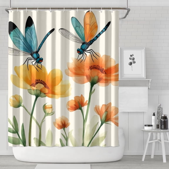 Pioneer Flower and Dragonfly Shower Curtain 72x84in ,Bathroom Decorative Shower Curtains Set with 12 Hooks,Modern Waterproof Washable Shower Curtain