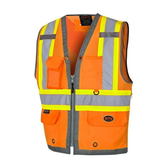 Pioneer Hi Vis 300D Oxford Poly Mesh Surveyor's Safety Vest - Mesh Back- Zipper Closure - Hi Vis Orange