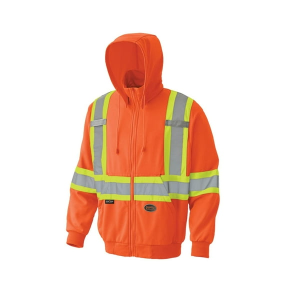 Pioneer Hi Vis Safety Orange Hoodie - Zip-Up Style with Reflective Tape - Detachable Hood - Class 2