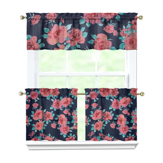 Pioneer Kitchen Curtains and Valance Set 24 Inch Tier Abstract Pink Floral Prints Curtains Small Drapes for Cafe Living Room Bathroom Farmhouse 3 Pieces Set Rod Pocket