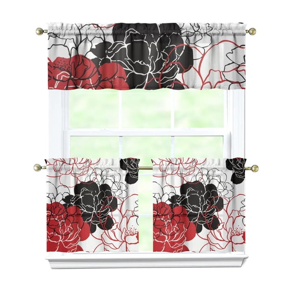 Pioneer Kitchen Curtains and Valance Set 24 Inch Tier Beautiful Wild Peonies Flower Curtains Small Drapes for Cafe Living Room Bathroom Farmhouse 3 Pieces Set Rod Pocket
