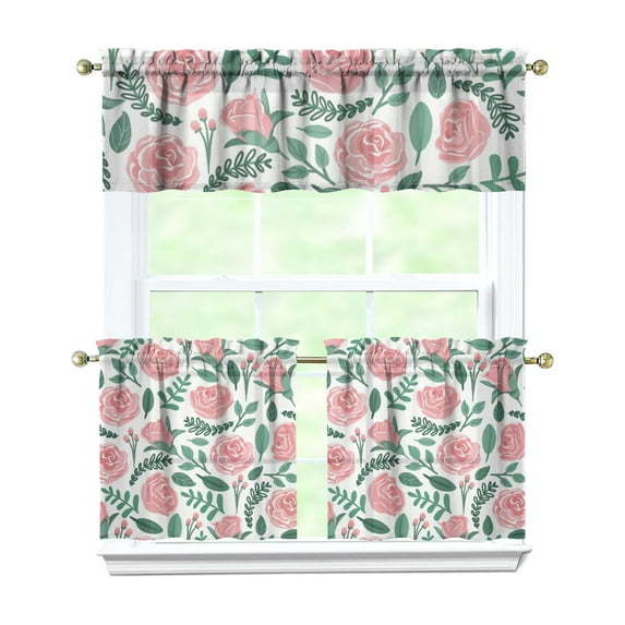 Pioneer Kitchen Curtains and Valance Set 24 Inch Tier Hand Drawn Roses Curtains Small Drapes for Cafe Living Room Bathroom Farmhouse 3 Pieces Set Rod Pocket