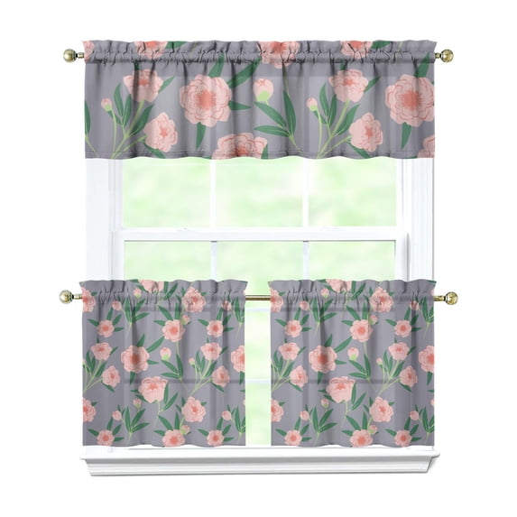 Pioneer Kitchen Curtains and Valance Set 24 Inch Tier Pink Peony Flowers with Leaves Curtains Small Drapes for Cafe Living Room Bathroom Farmhouse 3 Pieces Set Rod Pocket
