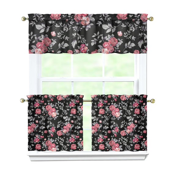 Pioneer Kitchen Curtains and Valance Set 24 Inch Tier Pink Rose Black Vector Image Curtains Small Drapes for Cafe Living Room Bathroom Farmhouse 3 Pieces Set Rod Pocket