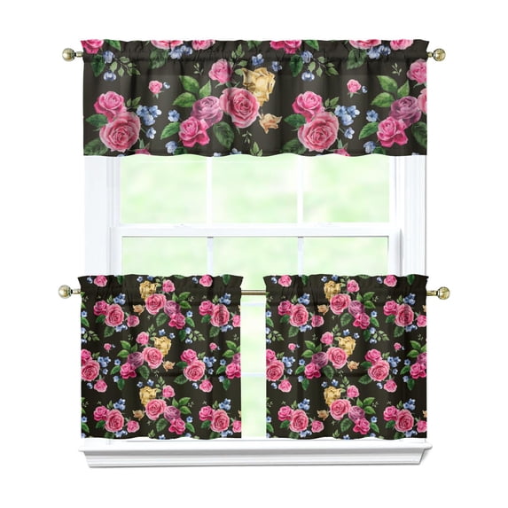 Pioneer Kitchen Curtains and Valance Set 24 Inch Tier Pioneer Colorful Floral Curtains Small Drapes for Cafe Living Room Bathroom Farmhouse 3 Pieces Set Rod Pocket