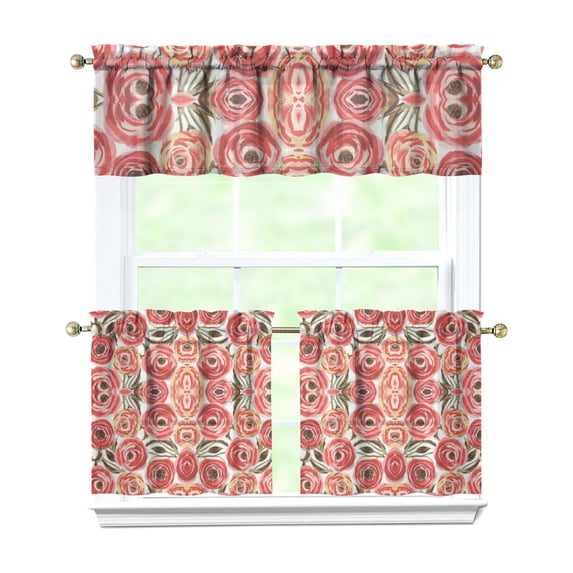 Pioneer Kitchen Curtains and Valance Set 24 Inch Tier Red Floral Flower Leaves Curtains Small Drapes for Cafe Living Room Bathroom Farmhouse 3 Pieces Set Rod Pocket