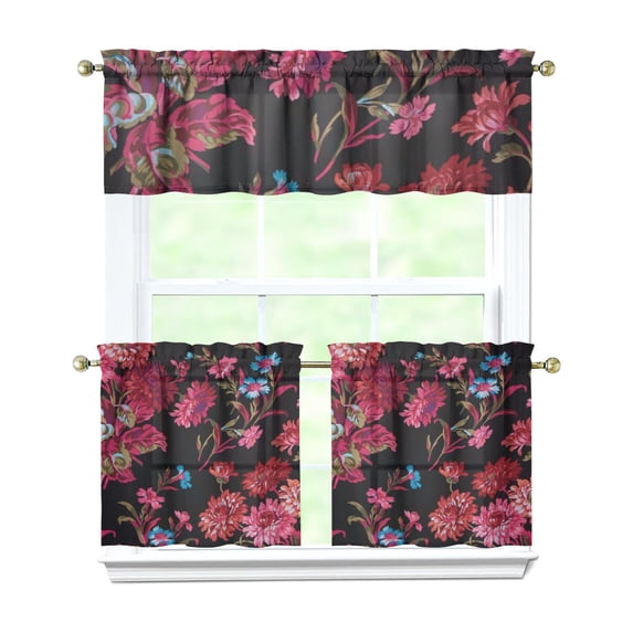Pioneer Kitchen Curtains and Valance Set 24 Inch Tier Red Flower Beautiful-01 Curtains Small Drapes for Cafe Living Room Bathroom Farmhouse 3 Pieces Set Rod Pocket