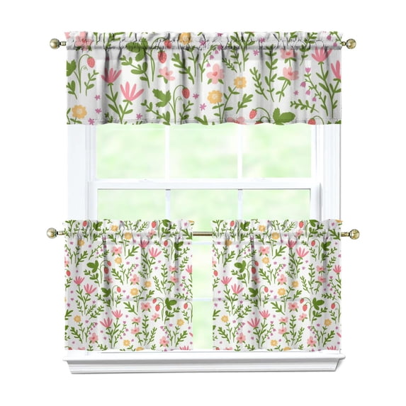 Pioneer Kitchen Curtains and Valance Set 24 Inch Tier Red Pink Flowers Leaf Curtains Small Drapes for Cafe Living Room Bathroom Farmhouse 3 Pieces Set Rod Pocket